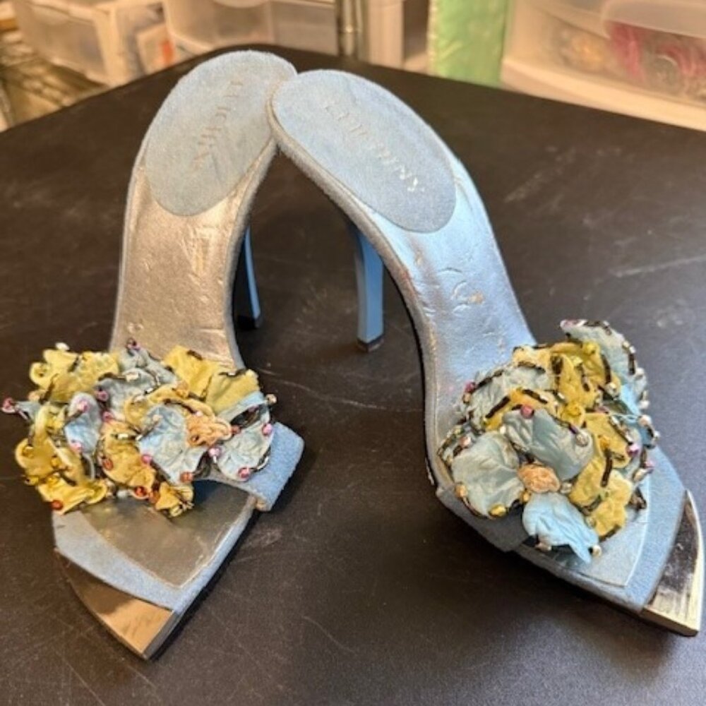 Luichiny - Beaded, Ruffled Open Back Heels - Chrome Tips - Blue/Green - Size 6